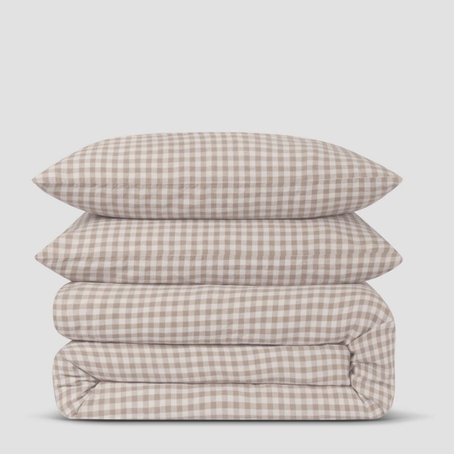 Mushroom Gingham Linen Blend Bedding Set