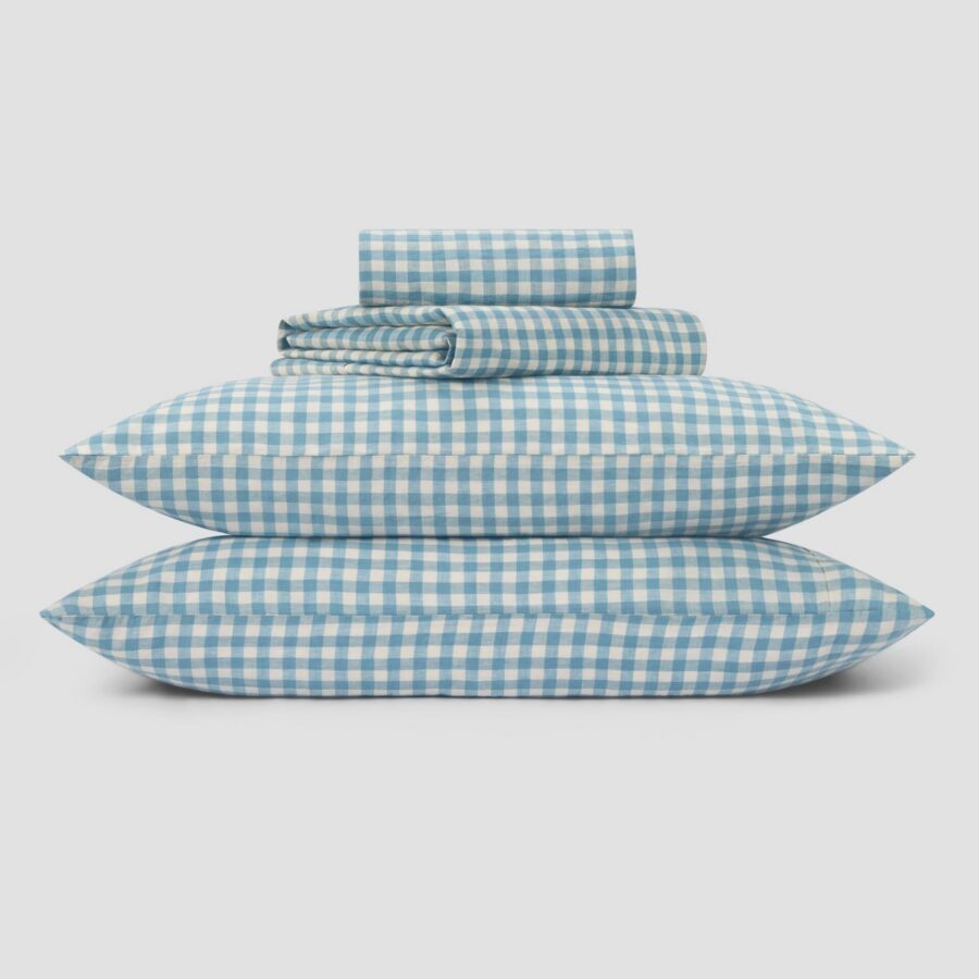 Warm Blue Gingham Linen Blend Bedding Set Style 2