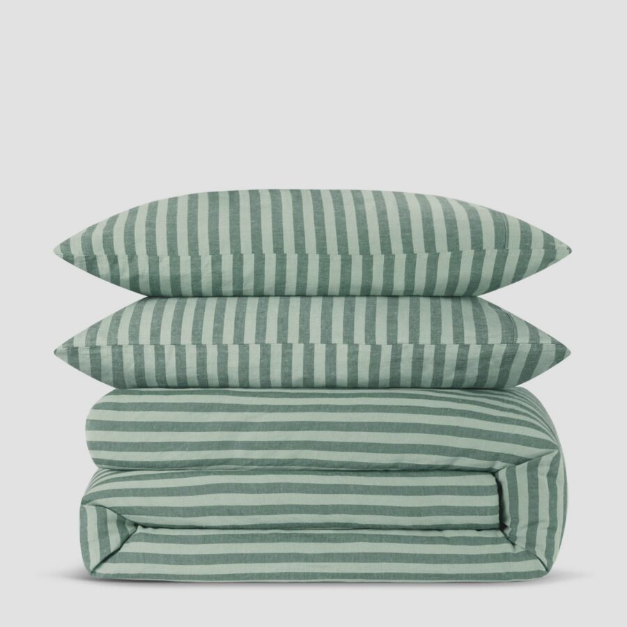 Pine Green Striped Linen Blend Bedding Set